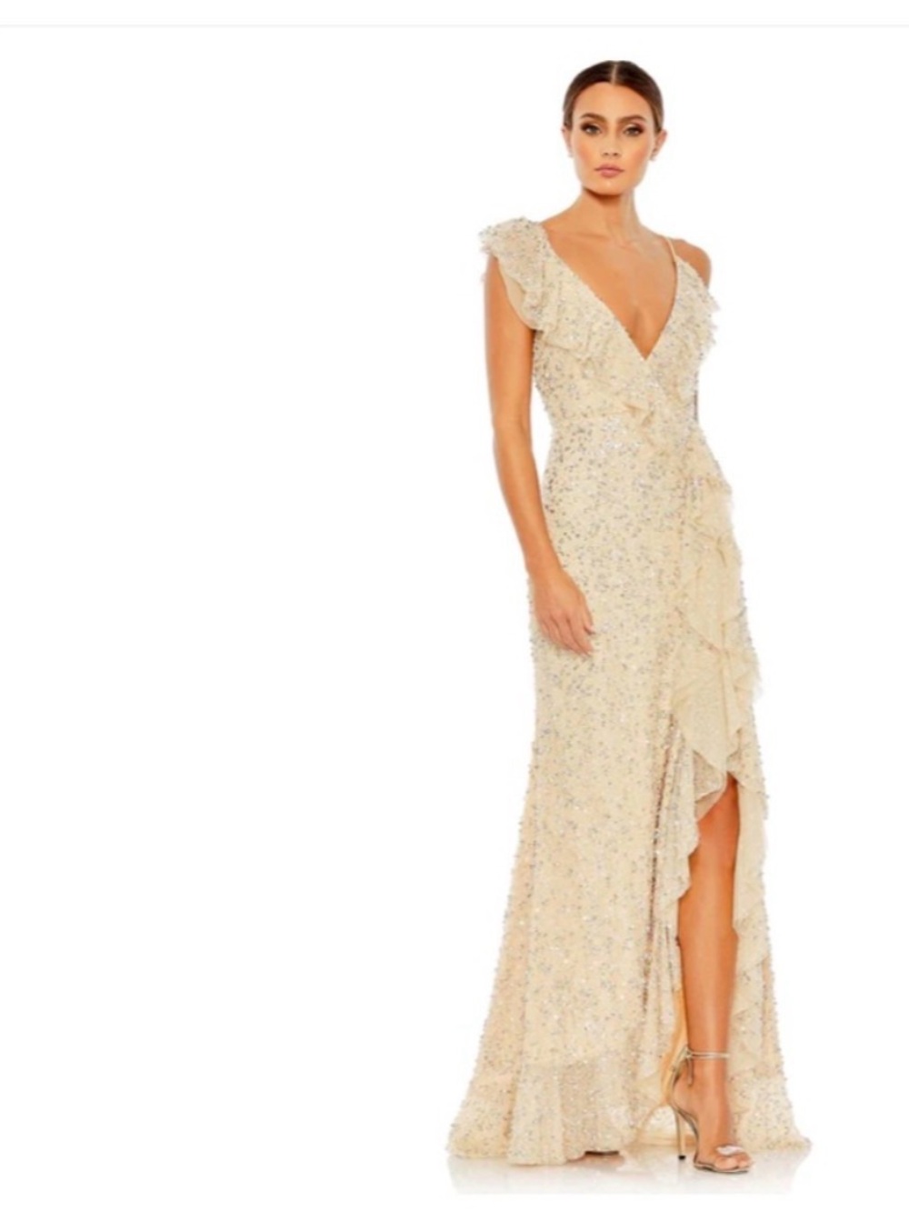 Mac Duggal Champagne Beaded Ruffle V-Neck Wedding Gown